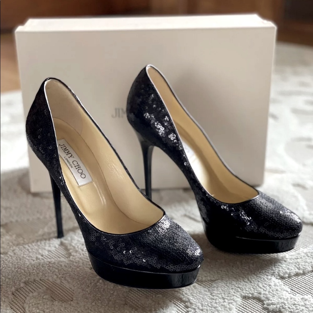 Jimmy Choo Black Cosmic Sequin Platform Pump 38.5